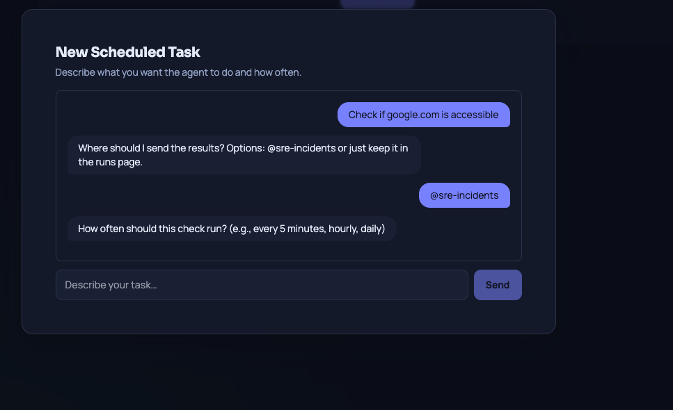 New scheduled task dialog where firstrespondr asks follow-up questions